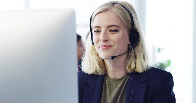 Call center, customer service and sales with a woman support employee working in her office. Ecommerce, crm and contact us with a female at work as a consultant in telemarketing or online shopping