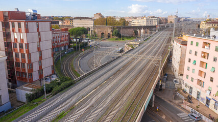 Aerial view on many train tracks near Porta Maggiore, one of the eastern gates in the ancient Rome. It was one of the gates in the Aurelian Walls of Rome, Italy. 