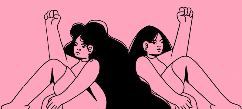 Dibujo lineal de dos mujeres latinas con los pu&ntilde;os en alto