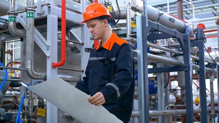 An industrial operator of process equipment in a polymer production shop checks the equipment...