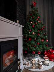 Christmas tree and decoration. Background of Christmas and New Year holidays.