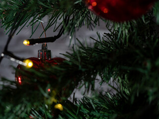 Christmas tree and decoration. Background of Christmas and New Year holidays.