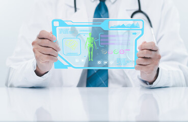 doctor man hold a virtual screen lung for checking lung disease in laboratory of hospital. virtual x-ray lung shows respiratory disease. physician do diagnostic infection of lung and respiratory human