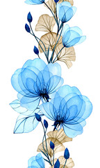 Seamless watercolor border with transparent rose flowers and gingko leaves. gentle pattern with blue flowers. x-ray