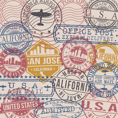San Jose, CA, USA Set of Stamps. Travel Stamp. Made In Product. Design Seals Old Style Insignia.