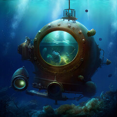 Adventure and exploration of the depth sea with a bathyscaphe, steampunk style made with generative AI