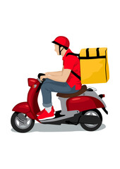 Illustration of a courier, riding a red scooter with a yellow box