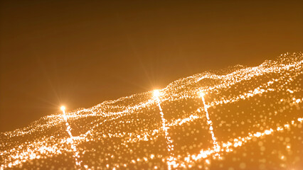 Gold abstract color wave with flowing small particles abstract background. Motion. Flying comets among glowing particles.