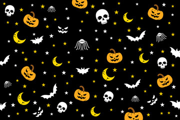 Halloween Seamless Pattern With Skull, Pumpkin, Bat, Spider, Moon, And Scary Face. Background Halloween