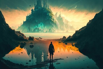 Fototapeta premium Traveler looking for last lake in apocalypse world. a dry land. sci-fi. fantasy scenery. concept art.