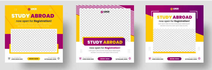 Study abroad social media post banner design. higher education social media post banner design set. school admission promotion banner. school admission template for social media ad.
