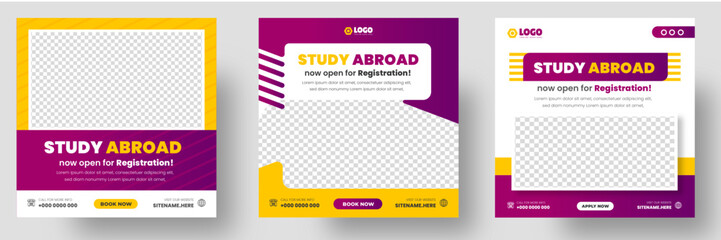 Study abroad social media post banner design. higher education social media post banner design set. school admission promotion banner. school admission template for social media ad.