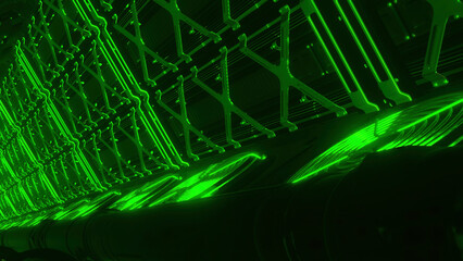 Obraz premium Tunnel with technological neon details. Motion. Spaceship-style tunnel with neon details. Duct of ventilation system in futuristic style