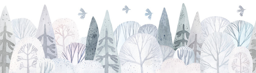Snow-covered forest. Cute winter repeating landscape. Horizontal view of the winter forest. Watercolor illustration.