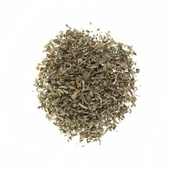 A pile of dried Damiana leaves isolated on white background