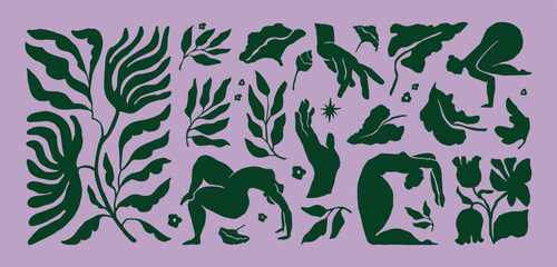 Yoga poses and floral illustrations. Hand drawn collection of botanicals and woman doing yoga. 