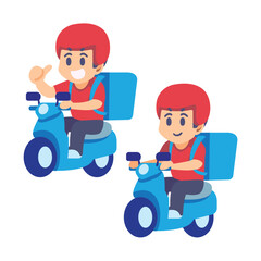 Friendliness delivery man with scooter in cute vector cartoon style.
