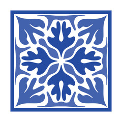 Vector Portuguese pottery tile with ceramic floral ornament. Vintage blue Portugal azulejo, Mexican talavera, Italian majolica, Arabesque motif or spanish ceramic Mosaic