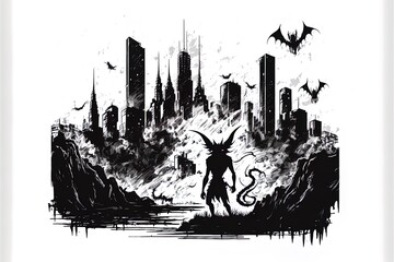 Urban City With Devil Skyline Hand Drawn Sketch 2D Illustrated Illustration