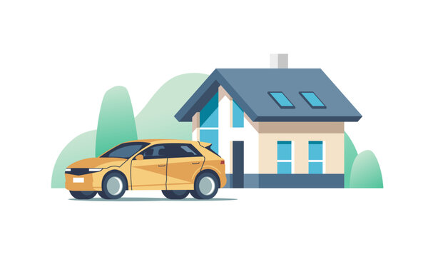 Suburban classic house. Family home with auto. Vector illustration.