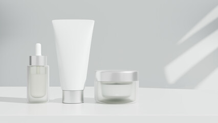 Jar, bottle and empty white plastic tubes for cosmetics on a white background. packaging for cream, gel, serum, advertising, 3d rendering
