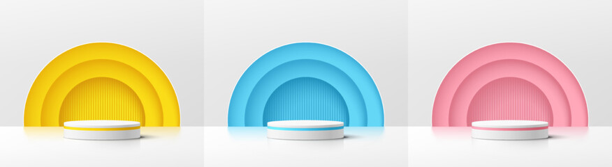 Set of white realistic 3d cylinder pedestal podium with yellow, blue, pink in layers semi circles wall scene. Abstract minimal vector rendering geometric forms. Mockup product display. Stage showcase.