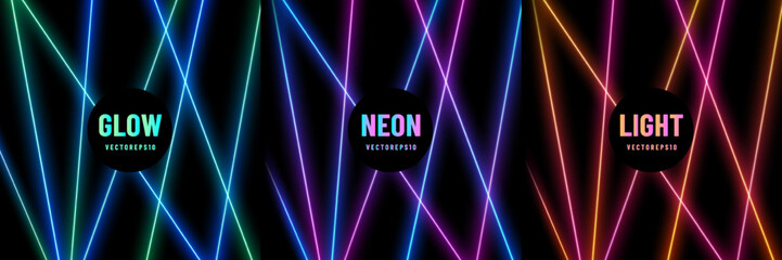 Set of blue-green, red-purple and orange-yellow illuminate neon lighting lines background. Abstract pattern vibrant color template design. Collection of glowing vertical lighting in futuristic style. © Riseness