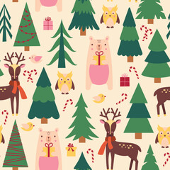 Christmas background with animals and fir trees