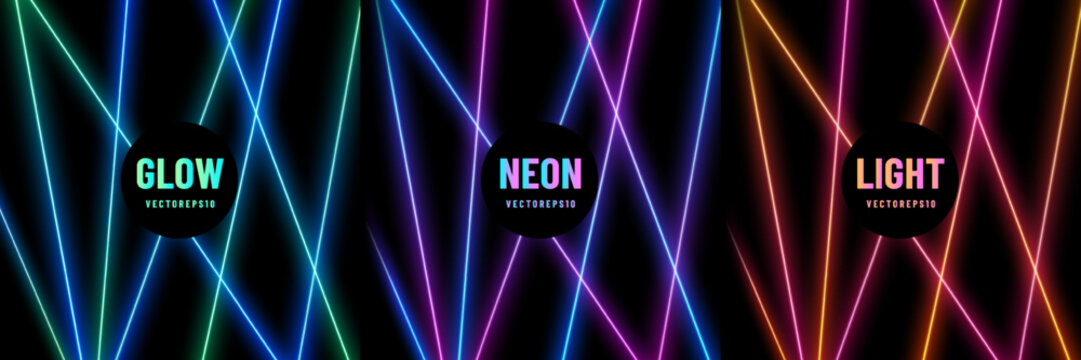 Set of blue-green, red-purple and orange-yellow illuminate neon lighting lines background. Abstract pattern vibrant color template design. Collection of glowing vertical lighting in futuristic style.