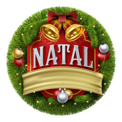 Selo 3d feliz natal com faixa, bola, sino, guirlanda e decora&ccedil;&atilde;o de natal em fundo vermelho para composi&ccedil;&atilde;o	