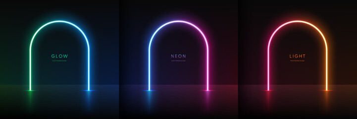 Set of blue green, red purple and orange yellow illuminate neon lighting lines background in arch shape. Abstract glowing lighting in futuristic style. Stand show product display. Vector stage podium. © Riseness