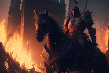 A black flaming chaos knight. Riding horse. Flame. Medieval times. fantasy scenery. concept art.