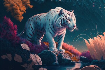 Hunter tracking White tiger in the Forest. Fantasy scenery. Concept art. 