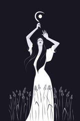 Woman witch in white dress with a sickle in a wheat field in moon light. Dark magic vector illustration. 