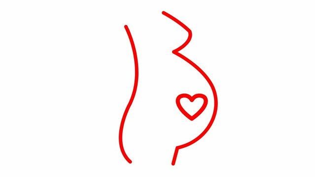 Animated red linear pregnant with baby heart. Looped video of heartbeating. Concept of pregnancy, motherhood. Vector illustration isolated on the white background.
