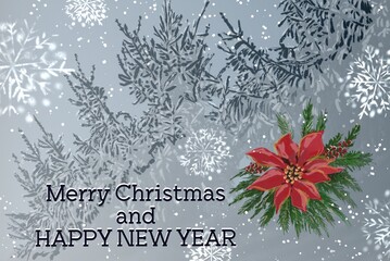 Postcard for Christmas and New Year. Illustration of a Christmas tree, an inscription and a red Christmas flower
