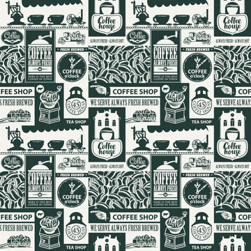 Vector seamless pattern on coffee and coffee house theme with inscriptions and illustrations in retro style. Can be used as wallpaper, wrapping paper or fabric and label