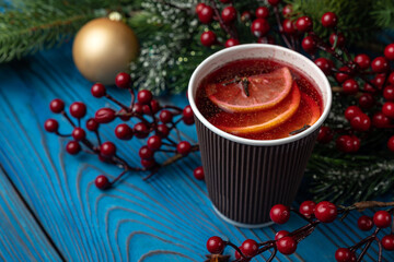 New Year's mulled wine with decor. Merry Christmas