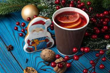 New Year's mulled wine with decor. Merry Christmas
