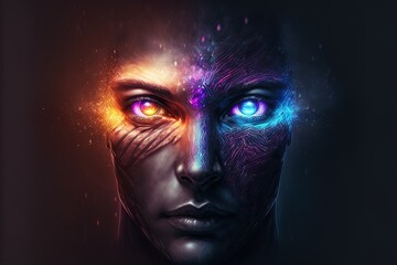 Ai Concept Background. Abstract Artificial Human Head With Eyes Light. Digital Future Vision Illustration.