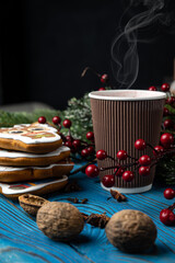 New Year's mulled wine with decor. Merry Christmas