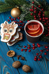 New Year's mulled wine with decor. Merry Christmas