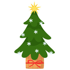 Christmas tree decorated with snowflakeas and a star.  Potted Christmas tree