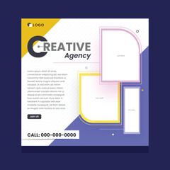 Creative social media post design template with white, blue and yellow color