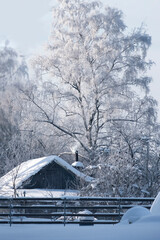 small house or hut in village under snow and beautiful winter.