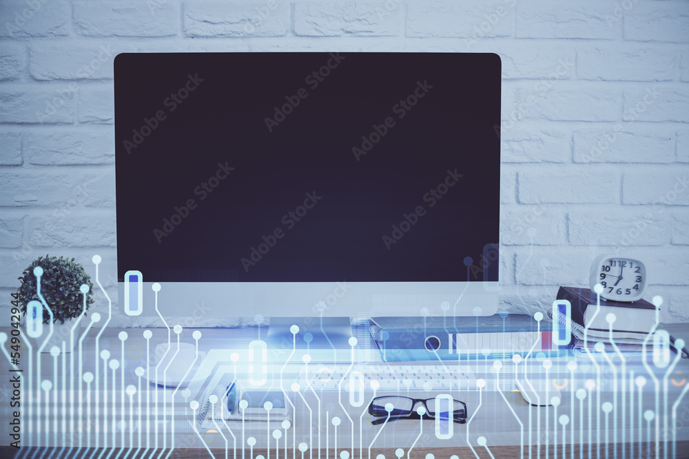 Aufkleber Double exposure of table with computer on background and data theme hologram. Data technology concept.
