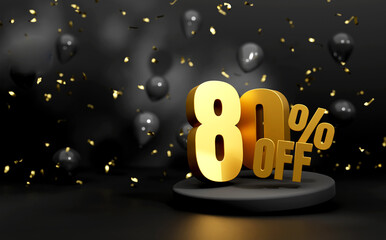 Golden eighty percentage sign, Discount 80 percent symbol, 3d sale symbol with podium, Sales concept, 3d rendering.