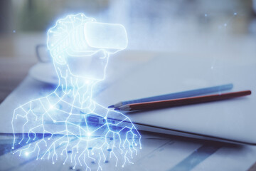 Computer on desktop with AR theme icon. Multi exposure. Concept of augmented reality.