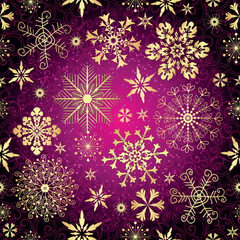 Vintage gold and dark purple seamless pattern  with golden decorative lacy snowflakes, vector
