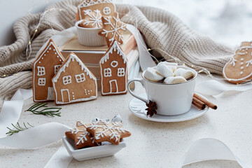 Warm marshmallows cocoa with homemade ginger cookies in shape of cute homes and snowflakes....